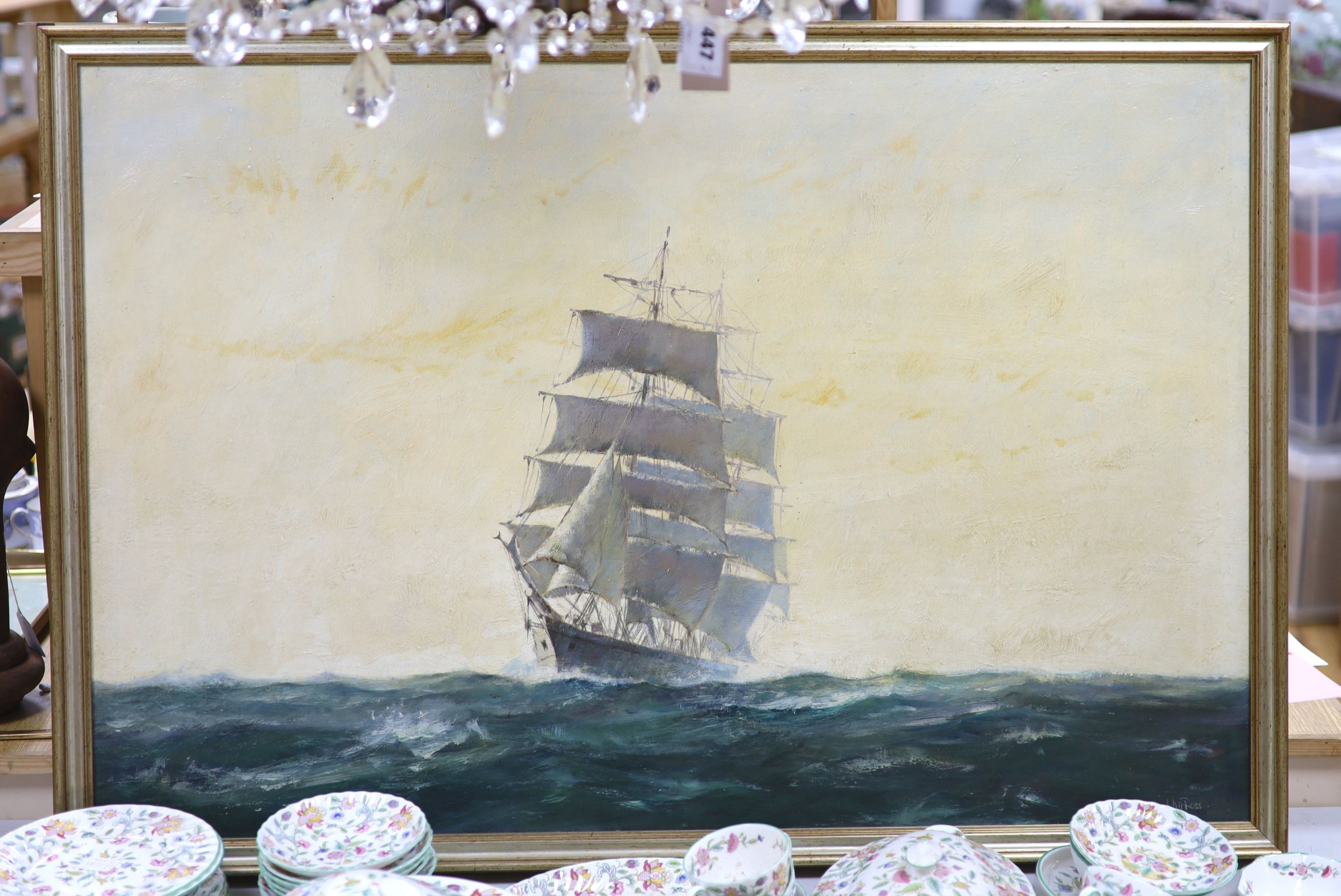 John Ross, oil on canvas clipper at sea, signed, 70 x 105cm.